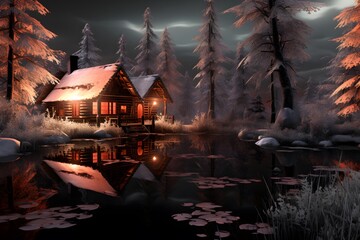 Fantastic winter landscape with wooden house on the lake at night