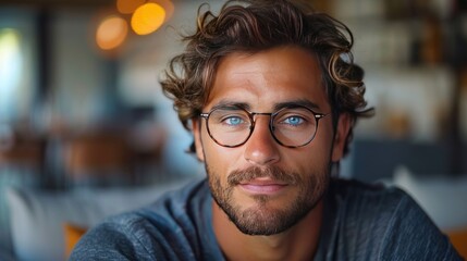 Serious man lowering glasses and staring with skeptic face - obrazy, fototapety, plakaty