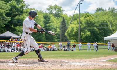 A man swinging a bat during a baseball game, captured in daylight on a natural field, showcasing sport action. Generative AI