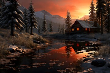 Beautiful winter landscape with a small house in the mountains at sunset