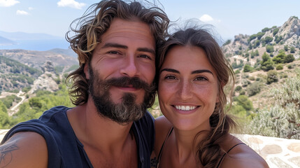 A happy young couple taking a selfie with mountains in the background during a vacation hiking trip. Generative AI