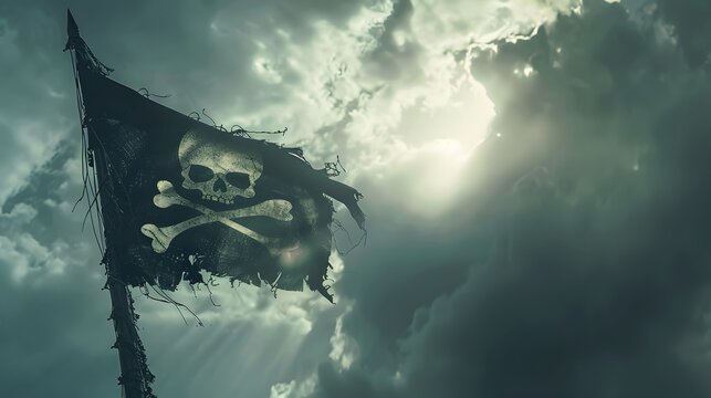 ripped tear grunge old fabric texture of the pirate skull flag waving in wind