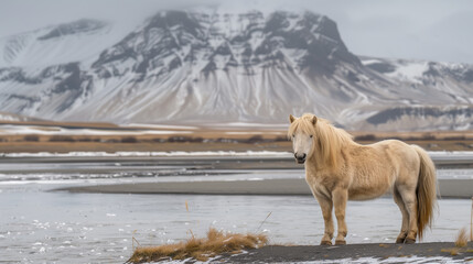 A majestic palomino horse standing in front of snow-capped mountains and icy river backdrop, nature photography, Generative AI. - obrazy, fototapety, plakaty