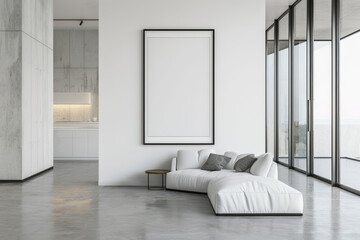 Fototapeta premium A modern interior with a white sofa, blank poster on wall, floor-to-ceiling windows, and minimalist design. Generative AI