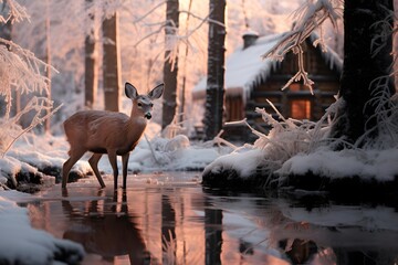 A whitetail deer walks through the snowy forest in winter.