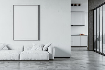 A modern home interior with a white sofa, empty frame on wall, and minimalist kitchen, against a white and gray background, depicting concept of modern design. Generative AI