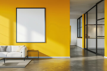 A modern interior design with a vivid yellow wall featuring a blank poster, white sofa, and a glass partition. Generative AI
