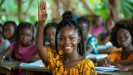 African student raises hand in classroom studying with classmates smiling. Concept Education, Diversity, Classroom, Student Life, Academic Success