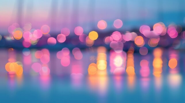Defocused background image #3 Blurred orbs of pink blue and yellow blend together in a dreamy display reflecting off the tranquil harbor and setting the scene for a magical evening. .