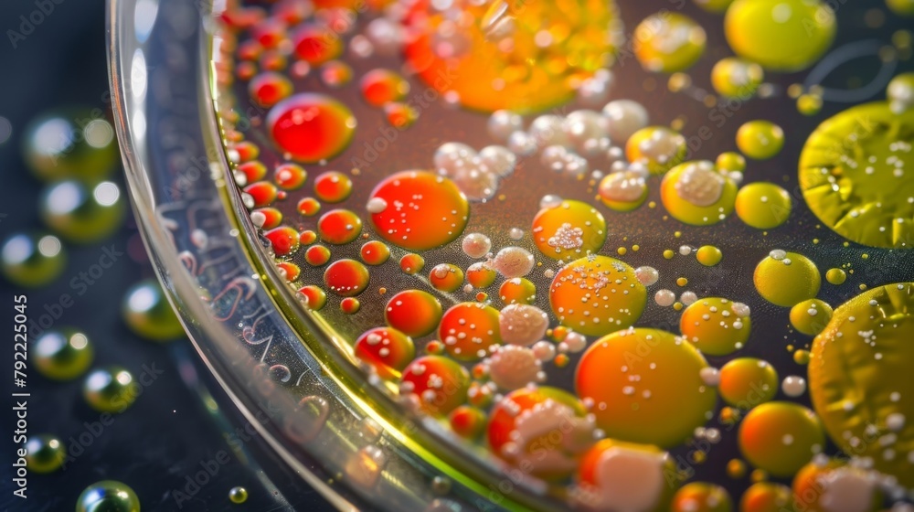 Poster a mesmerizing view of bacterial colonies on a petri dish creating a mesmerizing mosaic of colors and