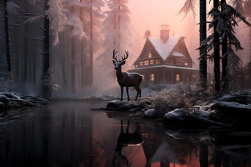 Deer in front of a wooden house in a winter forest.