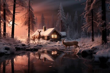 beautiful winter landscape with a house in the forest and a deer