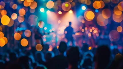 Blurred reflections of a crowded concert venue with flickering lights and silhouettes of musicians performing onstage capturing the electric atmosphere of a live music event. . - obrazy, fototapety, plakaty