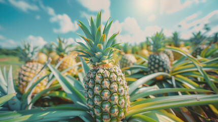 Fototapeta premium View of pineapple fruit ready to be harvested in a pineapple plantation.