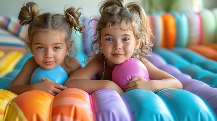 Fototapeta na wymiar Vacation Vibes: Cute Kids with Inflatable Mattresses