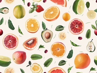 Fototapeta premium Fresh citrus fruits like orange, lemon, and grapefruit with kiwi and green leaves create a seamless pattern on a white background