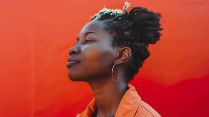 A peaceful portrait of a woman with closed eyes and calm expression, set against a vibrant red background.
