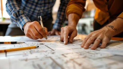 A brainstorming session with engineers and architects sharing sketches and blueprints collaborating to design a new building. .