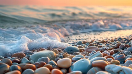 Fototapeta na wymiar Gentle foam of waves caressing a pebble beach under the warm glow of a setting sun