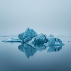 An Iceberg With Various Shades of Blue Floats in Calm, Icy Waters Under a Hazy Sky