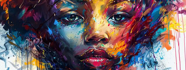 A graffiti on the wall with abstract illustration artwork like person face.