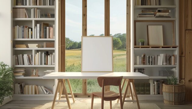Frame mockup,Empty Picture Frame on Desk with Plant and Pen Holder, high-resolution (300 DPI)