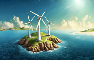 Tres grandes molinos eólicos para generar energía con el viento en una isla pequeña. Dibujo estilo 3d, IA