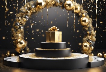 'black decorated showcase stage marble gold render box presentation confetti. gift Product Year podium empty golden New confetti spruce background arch abstract 3d friday twig three-dimensional abs'