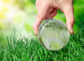 Crystal earth globe in green grass