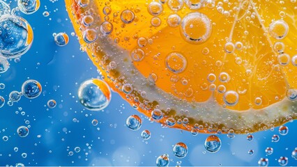 orange in water, a slice of orange submerged in a clear, bubbly liquid