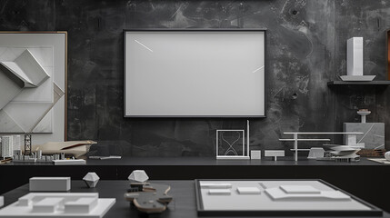 An avant-garde, multi-angled frame mockup, mounted on a stark, matte black wall in an architect's home office. 32k, full ultra hd, high resolution