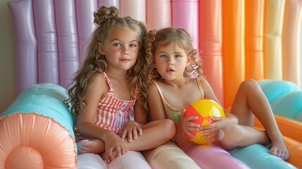 Fototapeta na wymiar Summer Fun: Kids with Inflatable Mattresses and Beach Ball
