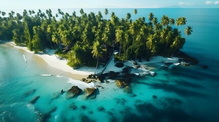 Aerial view of beautiful tropical beach with palm trees. Seascape.