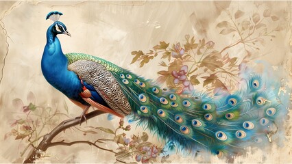a beautifully illustrated peacock perched on a branch