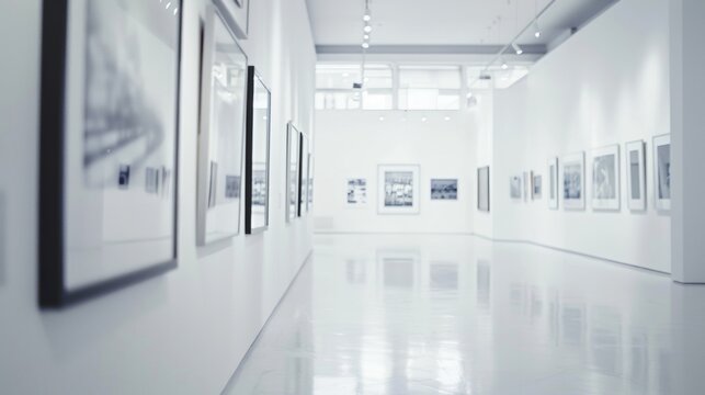 In this shot the white walls of the gallery blend together in a soft blur while black and white photographs hang in a carefully curated display. The defocused background creates a .