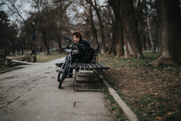 A business professional enjoys a peaceful moment in the park, sitting on a bench with a bicycle alongside.