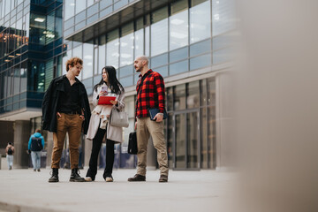 Three professional business associates engaged in a conversation outside modern office buildings.