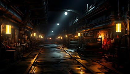 3d render of a factory interior at night with lights and reflections