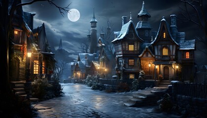 Fantasy night scene of the old town with wooden houses and moon