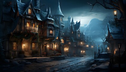 Fantasy illustration of a small village at night with fog. Panorama