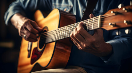 Fototapeta na wymiar A close-up of a guitarist's hands strumming chords