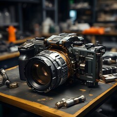 Professional SLR camera on display in a metal workshop. Selective focus.