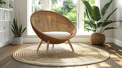 Modern Relaxation: Living Room with Snuggle Chair and Boho Wicker Ottoman