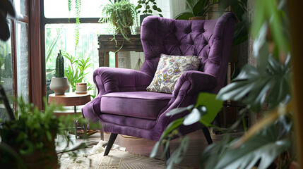 Cozy Corner Retreat: Purple Tufted Snuggle Chair in Boho Home Design