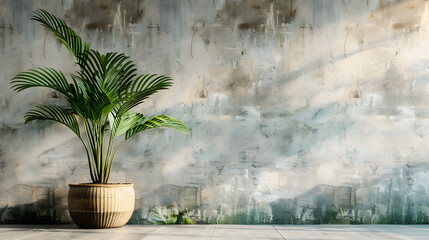 A potted plant adds a touch of nature to a home's interior design on concrete wall