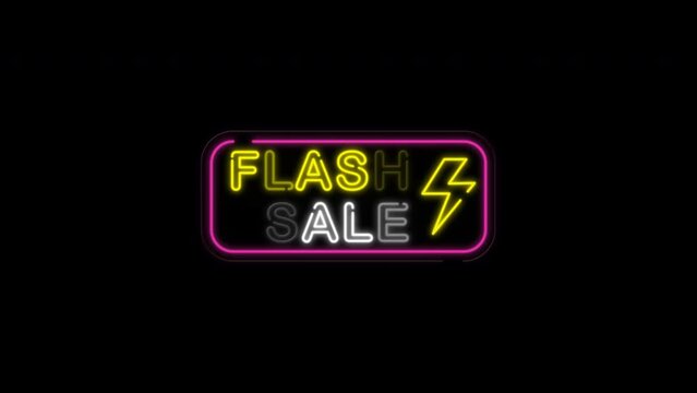 Flash sale neon sign on black background for promo video. 4k video