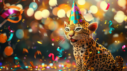 Leopard animal friendly penguin wearing a party hat  bokeh light paper shoot confetti