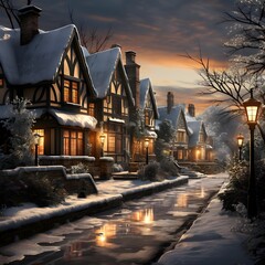 Winter landscape of a small village in the evening, illuminated by lanterns