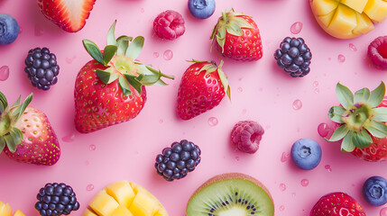 A fresh red strawberries and blueberries on pink background.