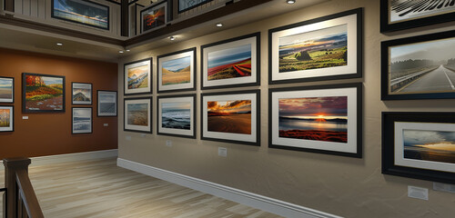 An elegant display wall within a photography studio's lobby. 32k, full ultra hd, high resolution